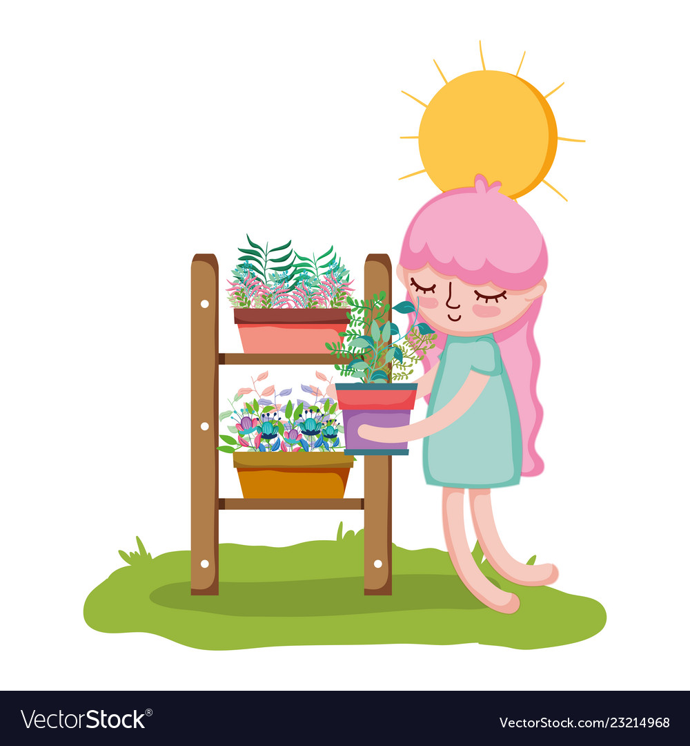 Little girl lifting houseplant with garden shelf