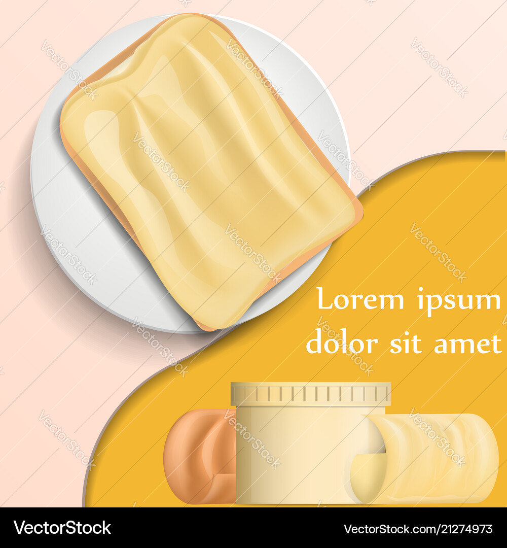 Butter Curl Block On Plate Banner Realistic Style Vector Image