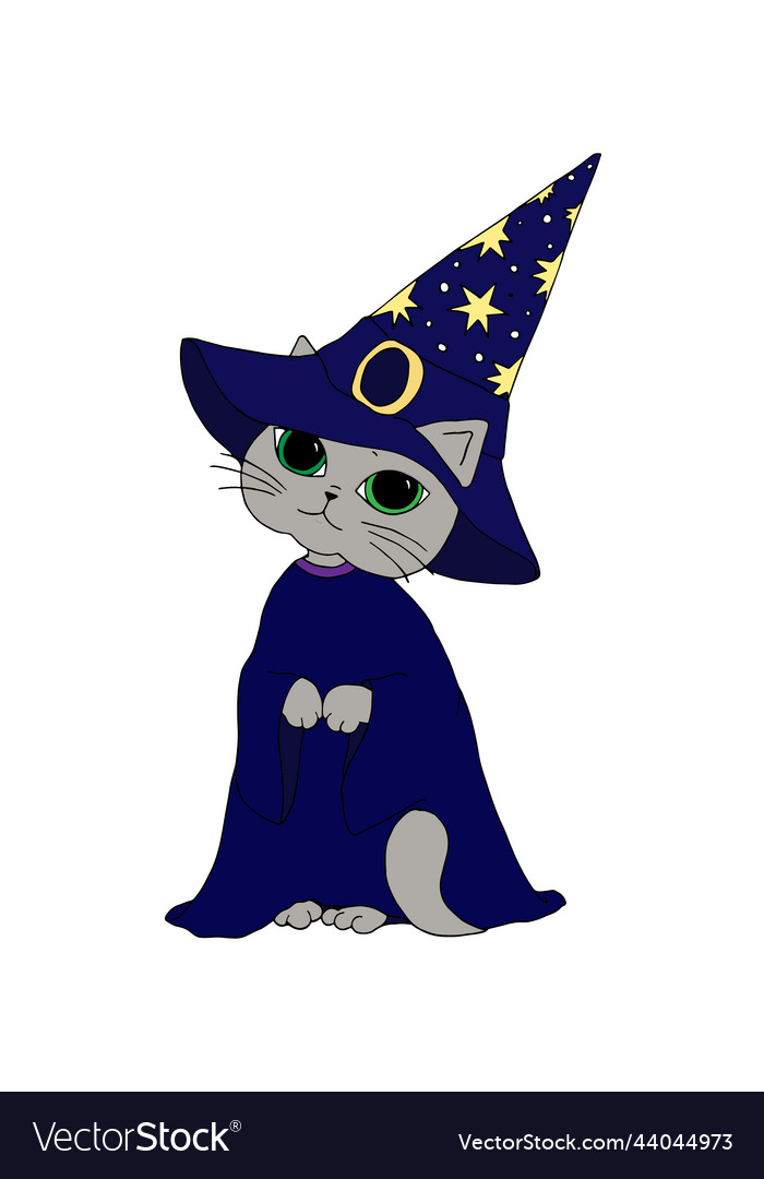 Hand drawn cute cat wizard in a hat Royalty Free Vector