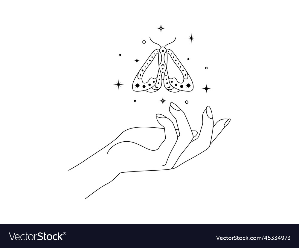 Magic hands with night flying moth in line art