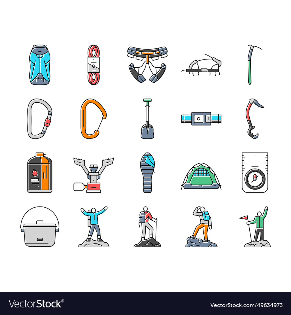 Mountain adventure mountaineering icons set