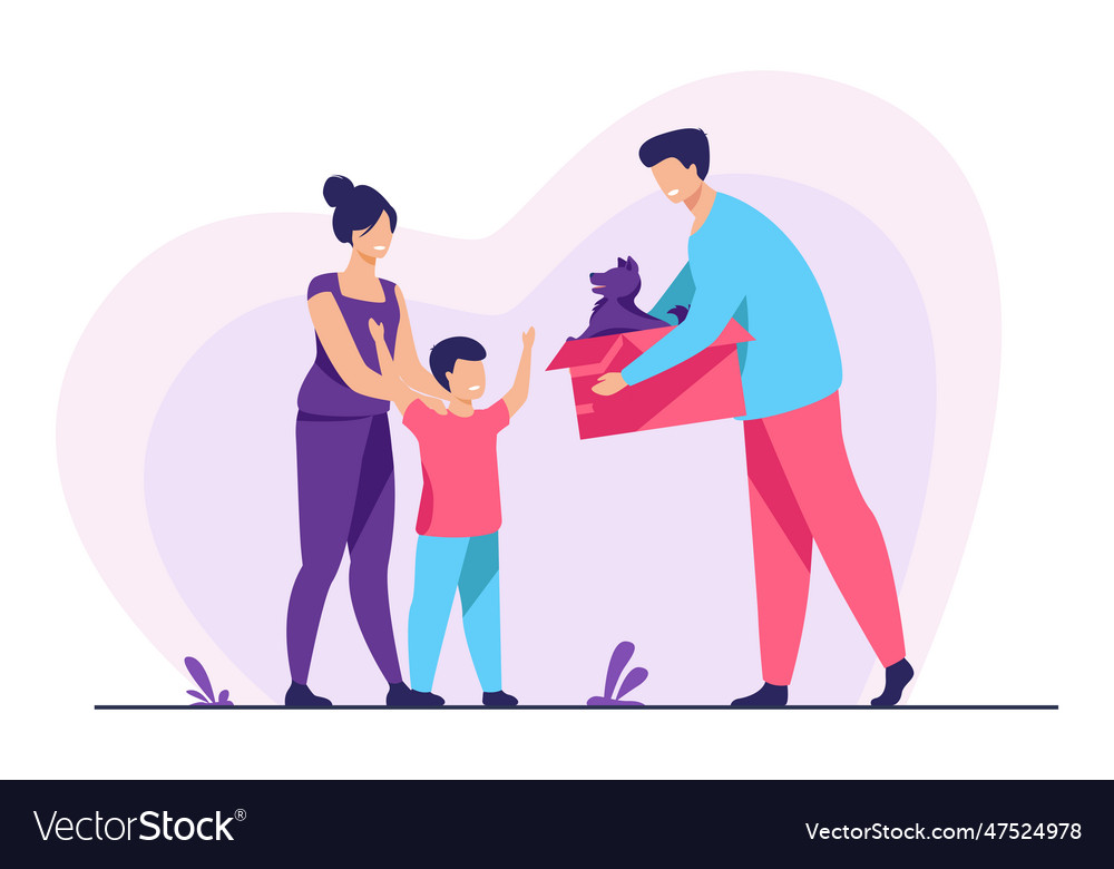 Happy family with child adopting pet vector image Happy family with child adopting pet