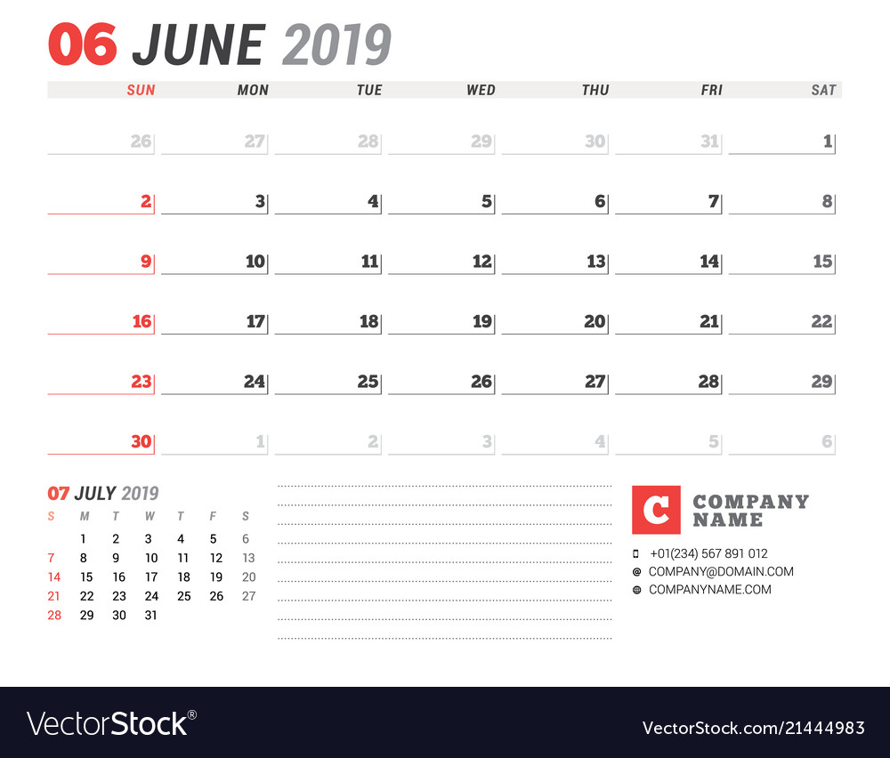calendar template for june 2019 business planner vector image june 2019 template