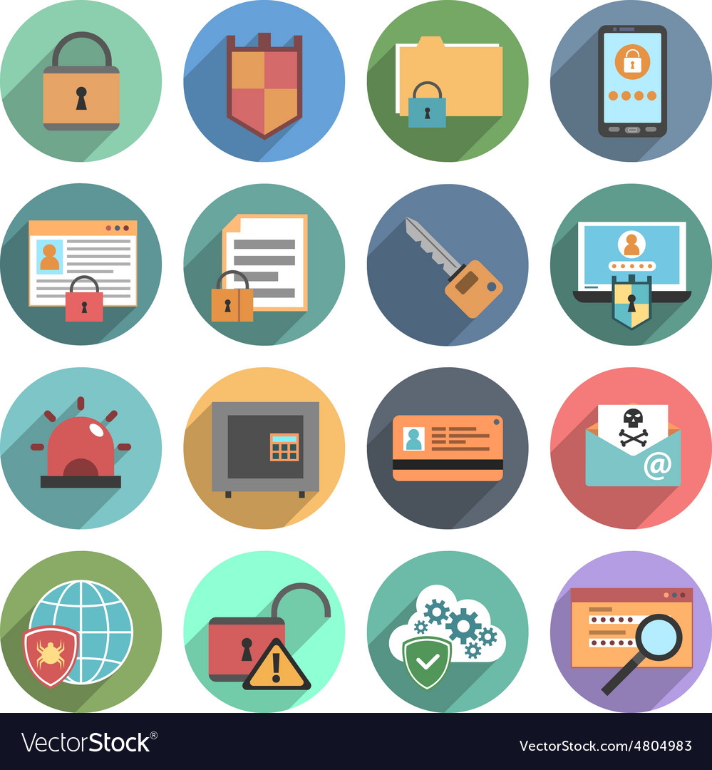 Computer Security Icons Set Flat Round Royalty Free Vector