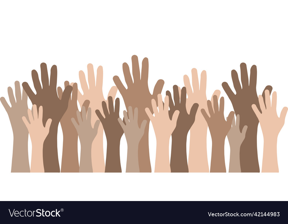 Multi-ethnic and diverse hands raised up isolated Vector Image