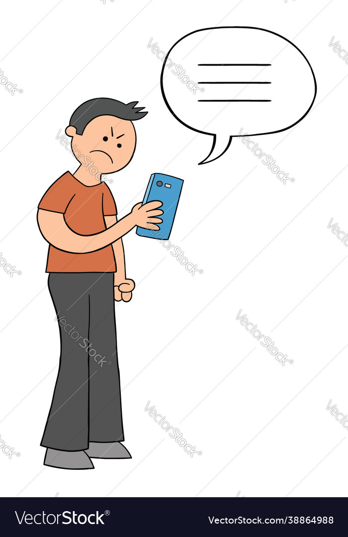 Cartoon man texting on smartphone and angry