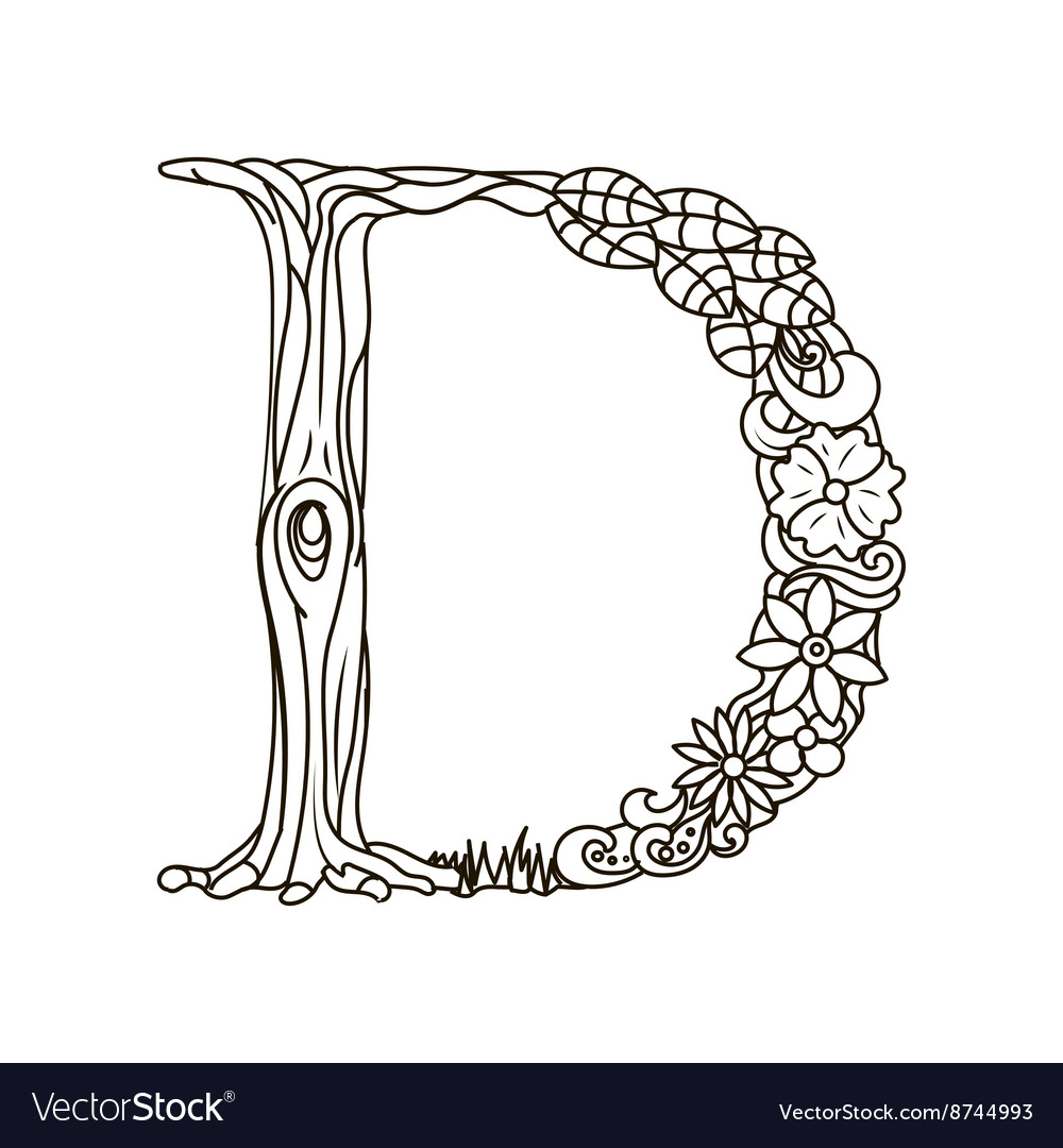 Letter D coloring book for adults Royalty Free Vector Image