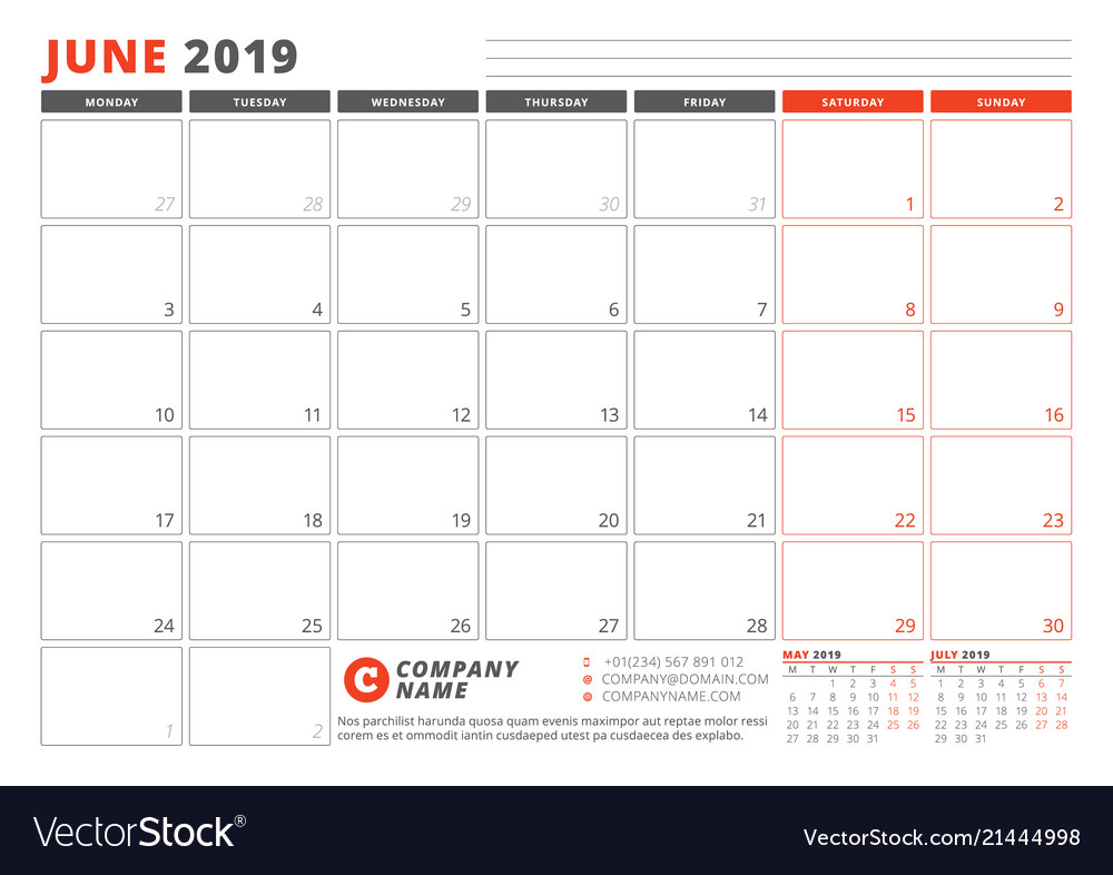 calendar template for june 2019 business planner vector image june 2019 template