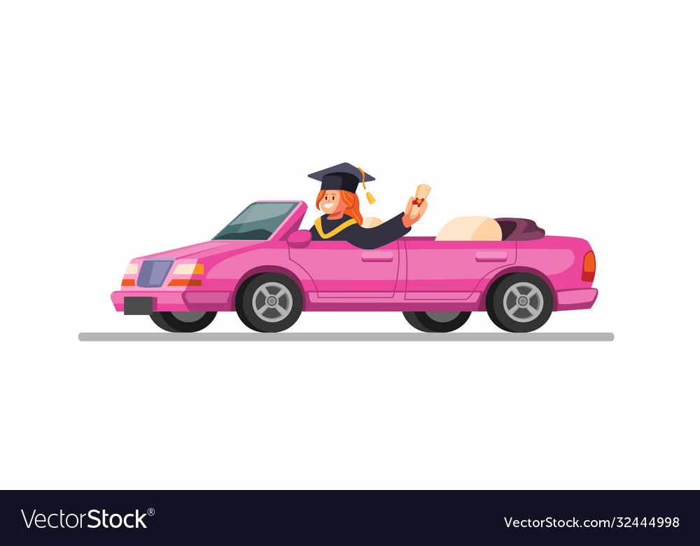 Girl wearing graduation gown and riding car