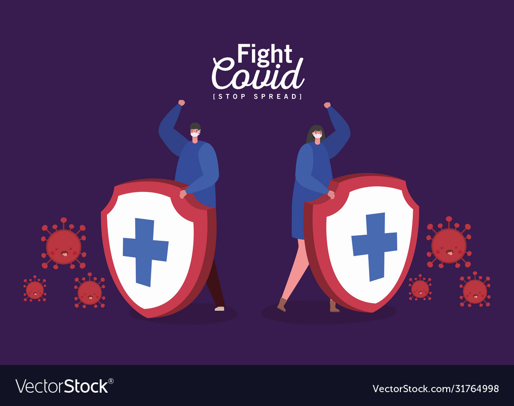 Woman and man with masks shields cross Royalty Free Vector