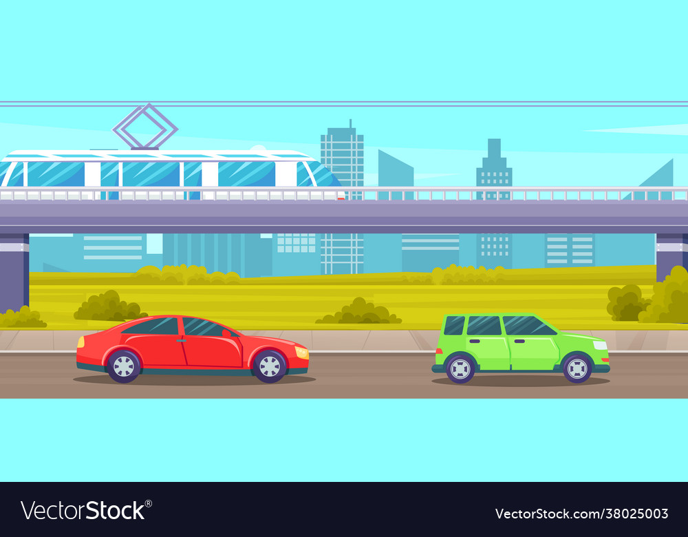 Stadtlandschaft mit Elektrozug auf Autobahnen