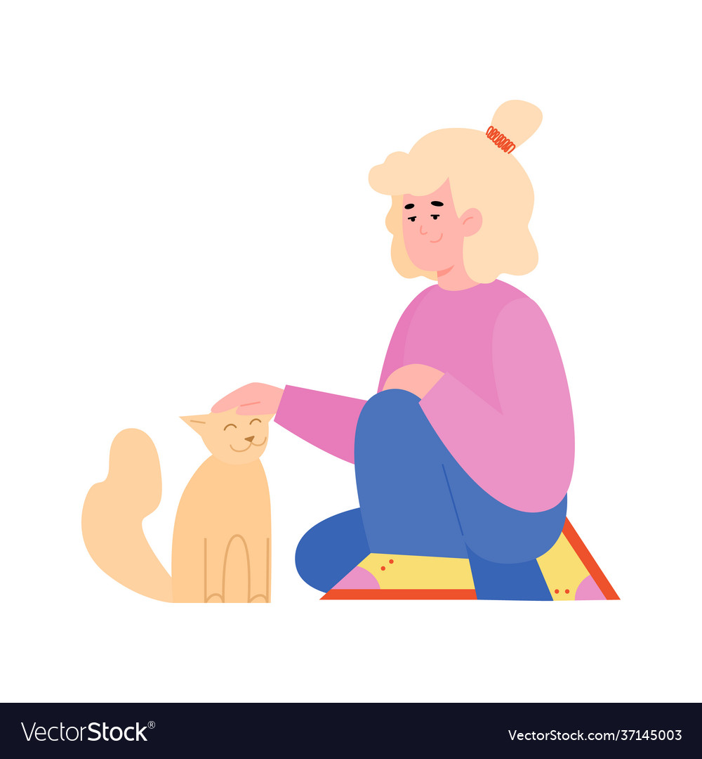 Kid petting a cat - cartoon girl with pet animal