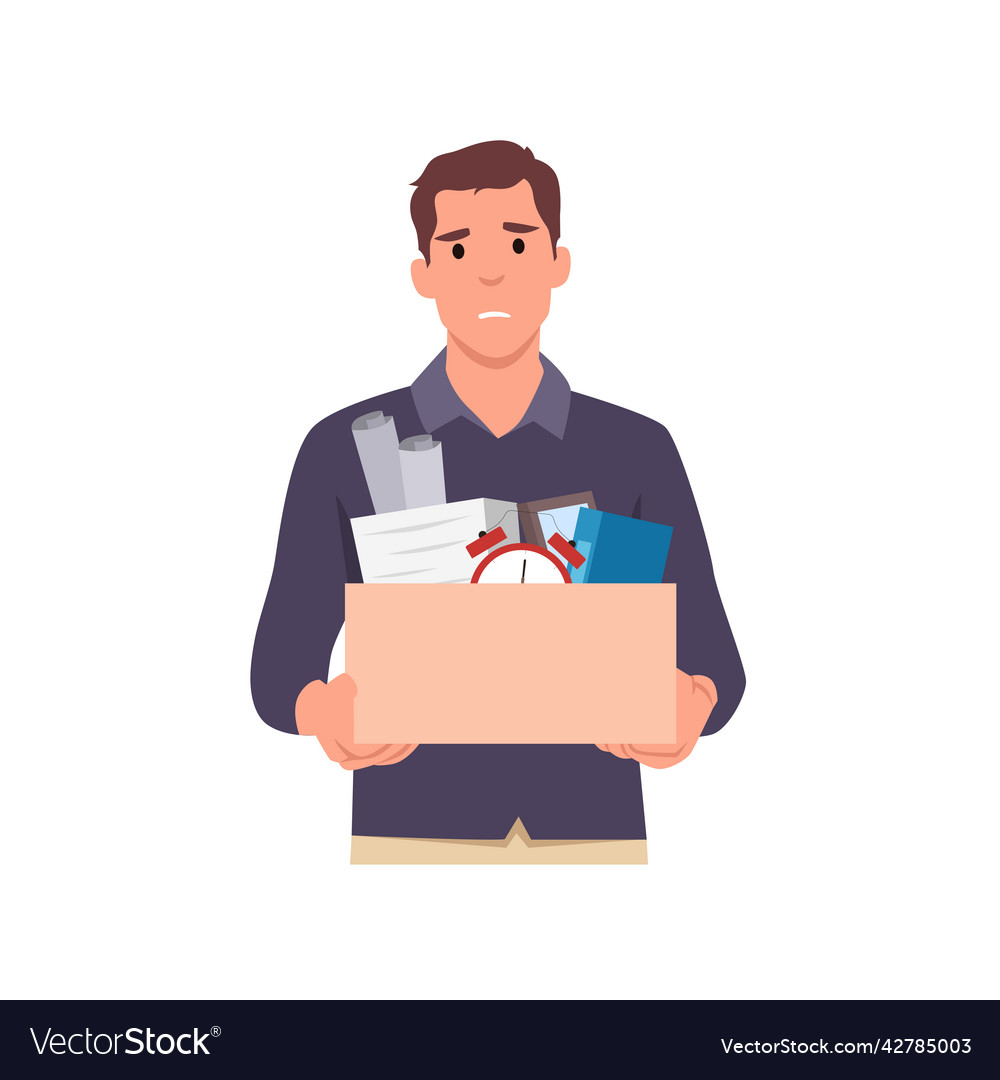 Man character holding a box with his things Vector Image