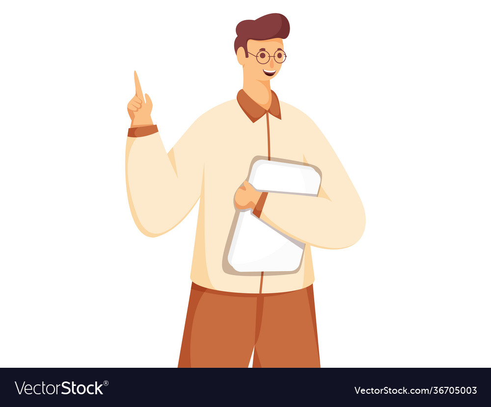 Young man holding book or file with index finger