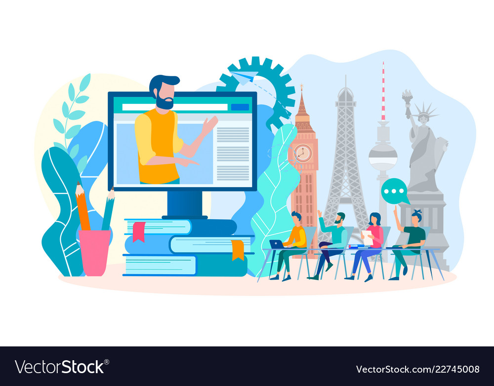 Learning foreign languages online in a group vector image Learning foreign languages online in a group
