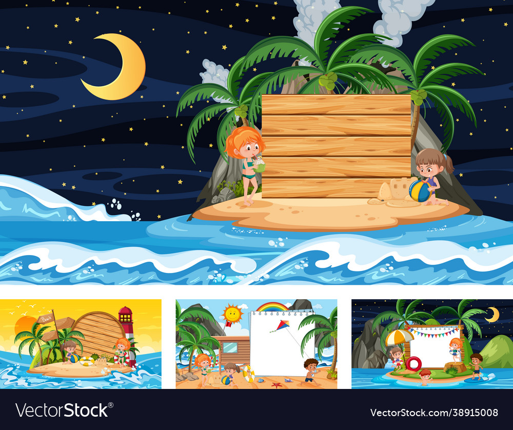 Set blank banner in different tropical beach