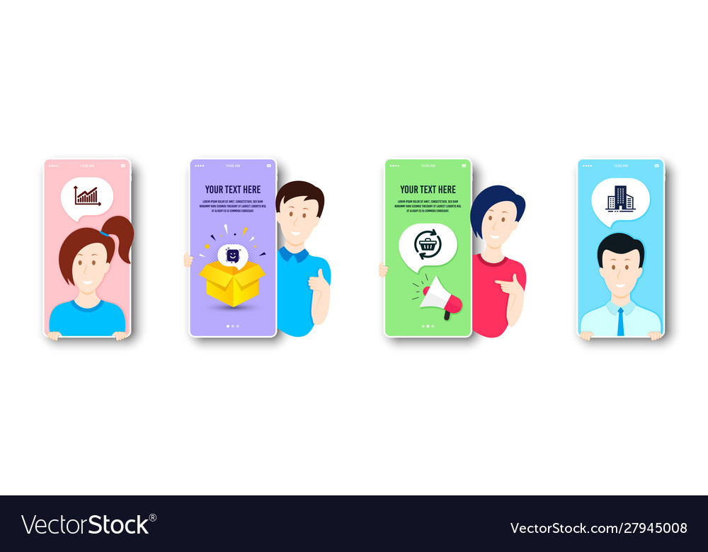 Smile graph and refresh cart icons set buildings vector image Smile graph and refresh cart icons set buildings