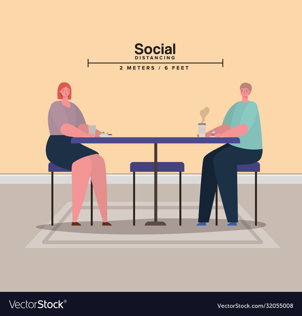 Social distancing between woman and man on table Vector Image