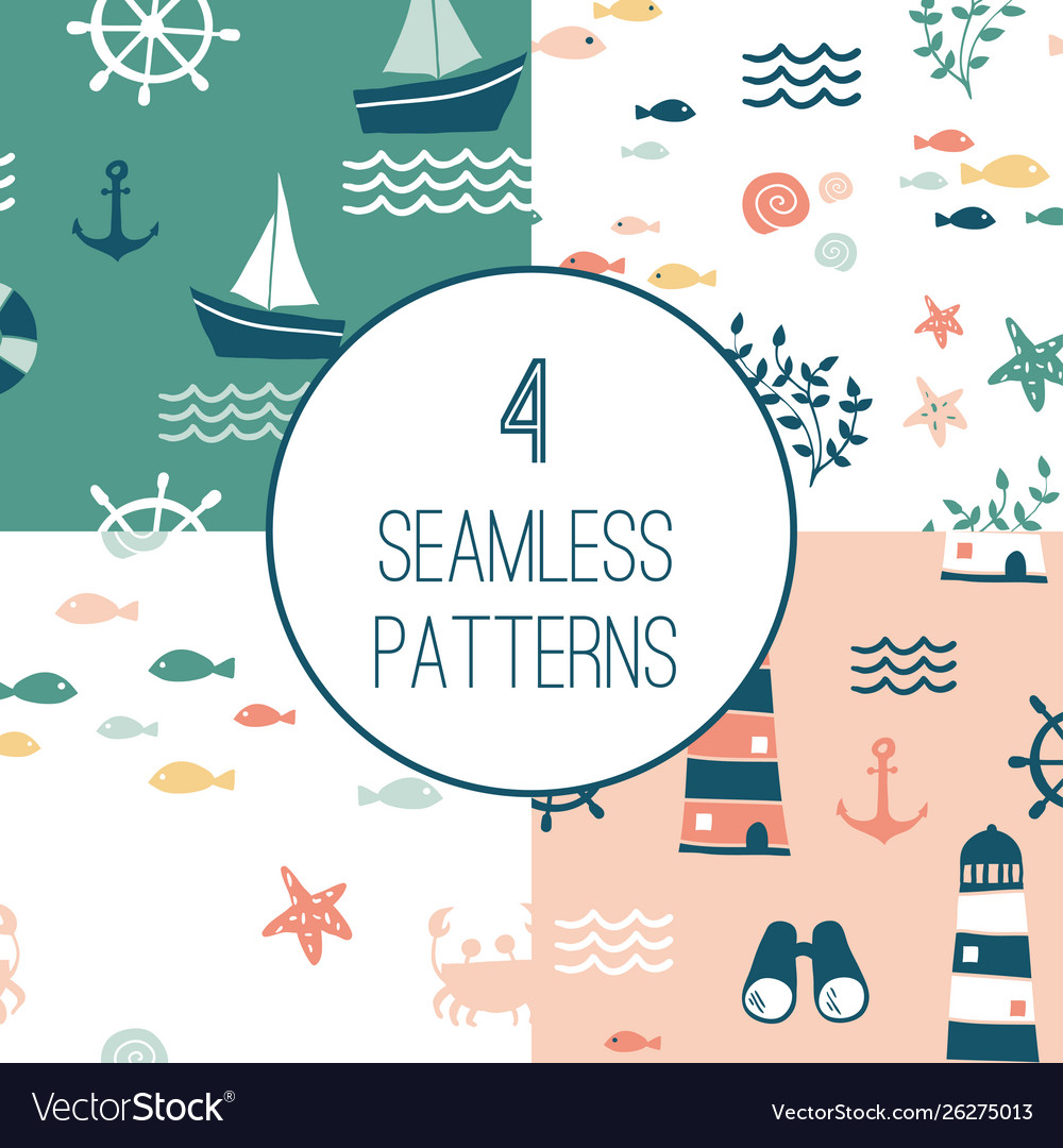 4 seamless patterns with nautical design elements