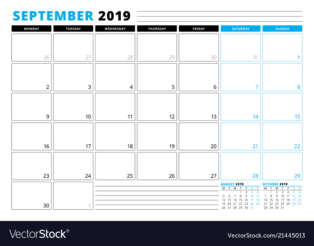 Calendar template for september 2019 business Vector Image