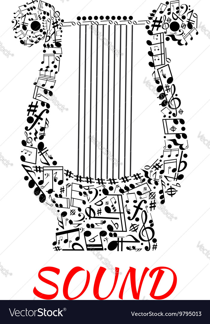 Notes and clefs in shape lyre Royalty Free Vector Image