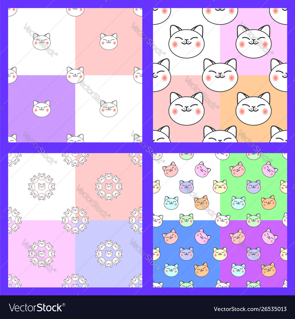 Set seamless patterns head a smiling cat