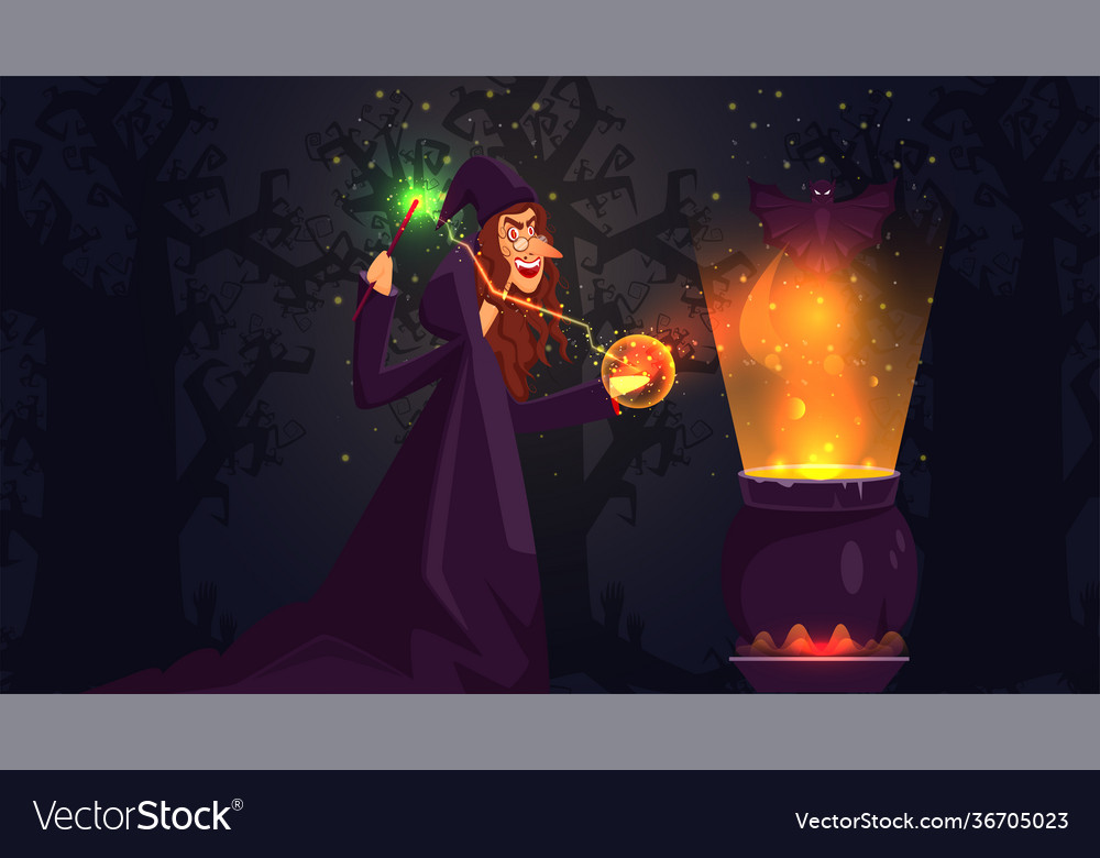 Cheerful witch doing magic from wand with boiling vector image Cheerful witch doing magic from wand with boiling