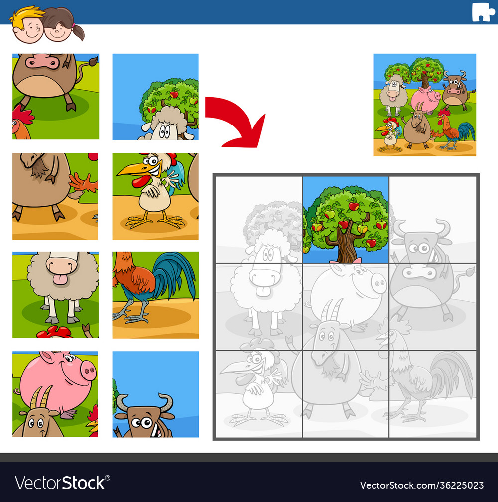 Jigsaw puzzle game with comic farm animal Vector Image