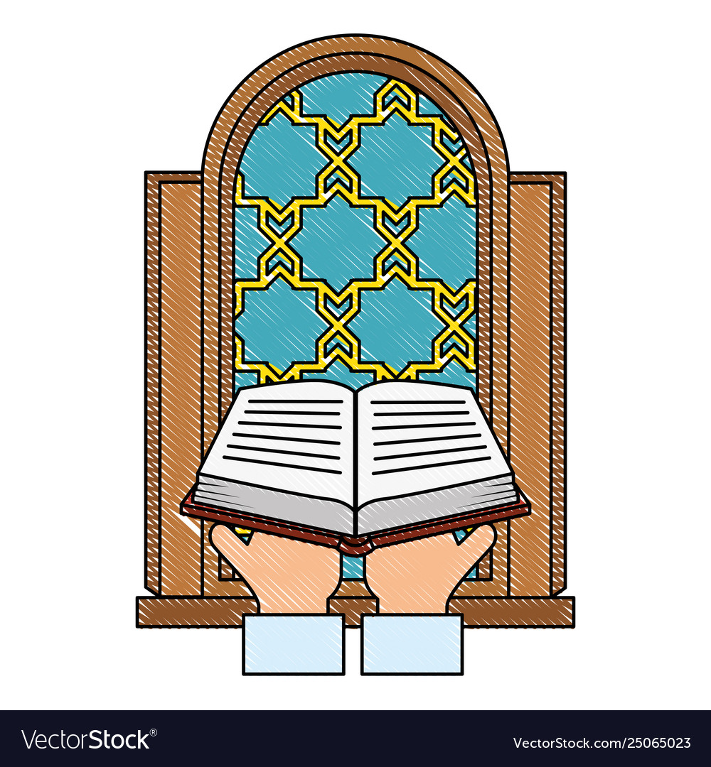 Sacred book with temple window religious icon