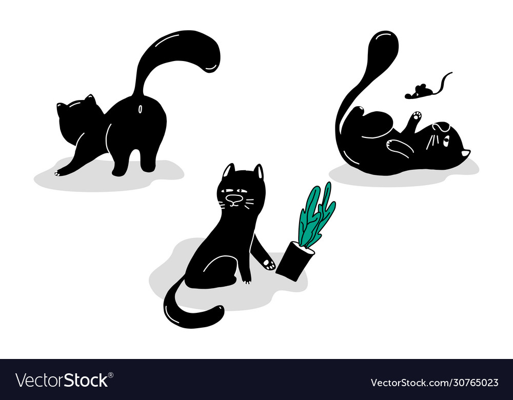Set cute cartoon black cats in different poses vector image Set cute cartoon black cats in different poses