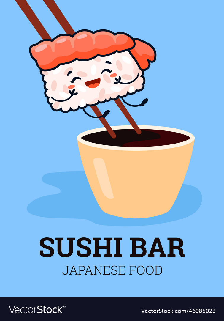 Sushi bar poster template with cute smiling Vector Image