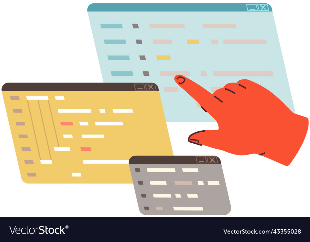 Hand points to open browser tabs program icons vector image Hand points to open browser tabs program icons