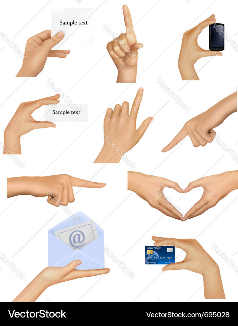 Set hands holding different business objects Vector Image