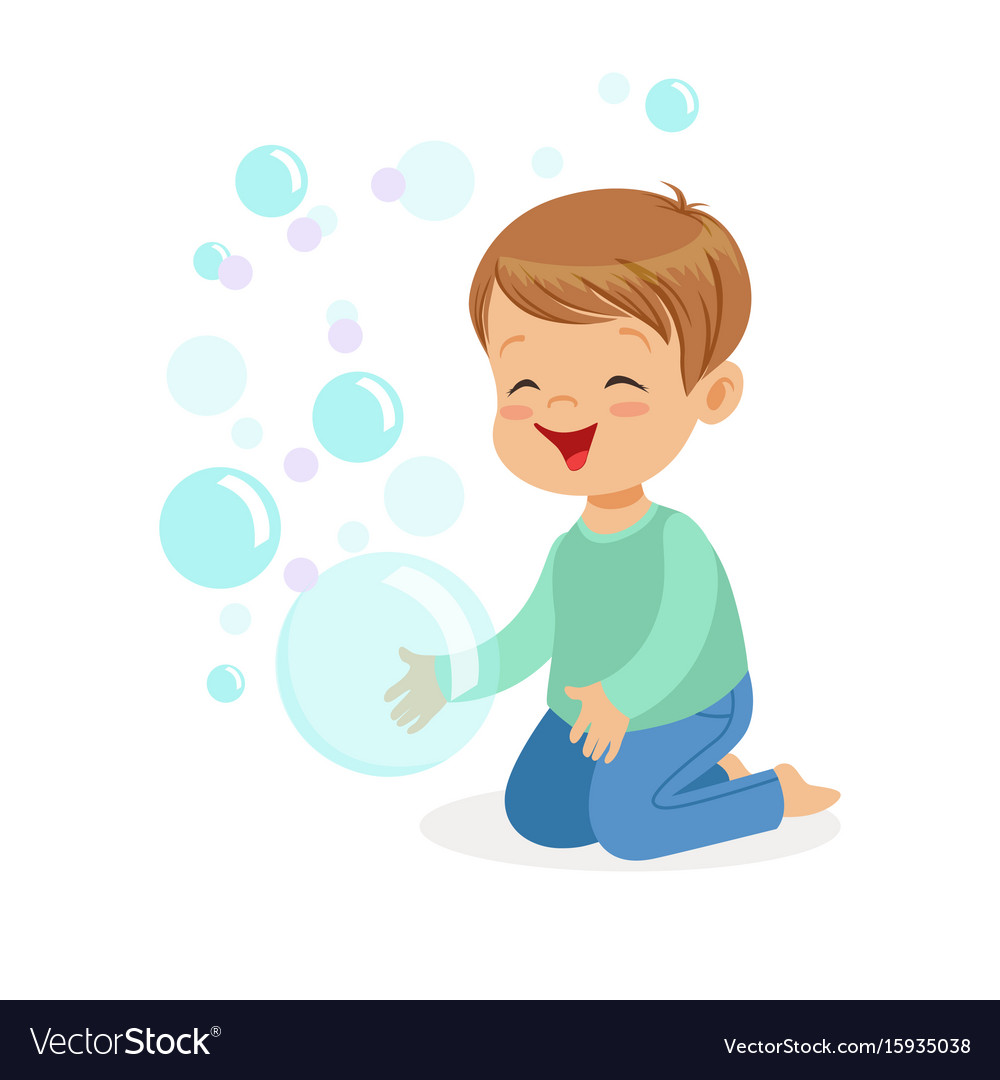 Happy boy kneeling playing bubbles Royalty Free Vector Image