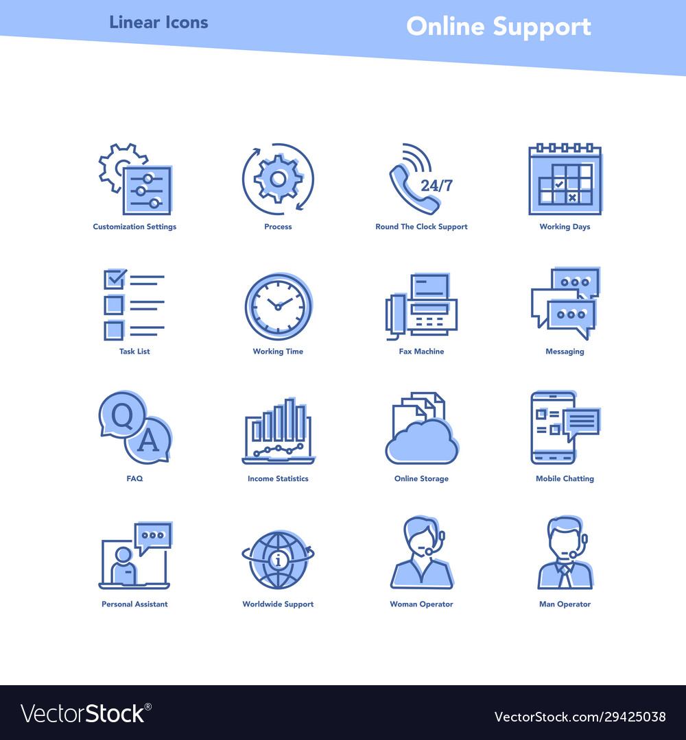 Set blue color linear icons - online