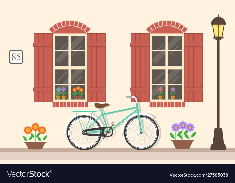 Street building facade house with bicycle