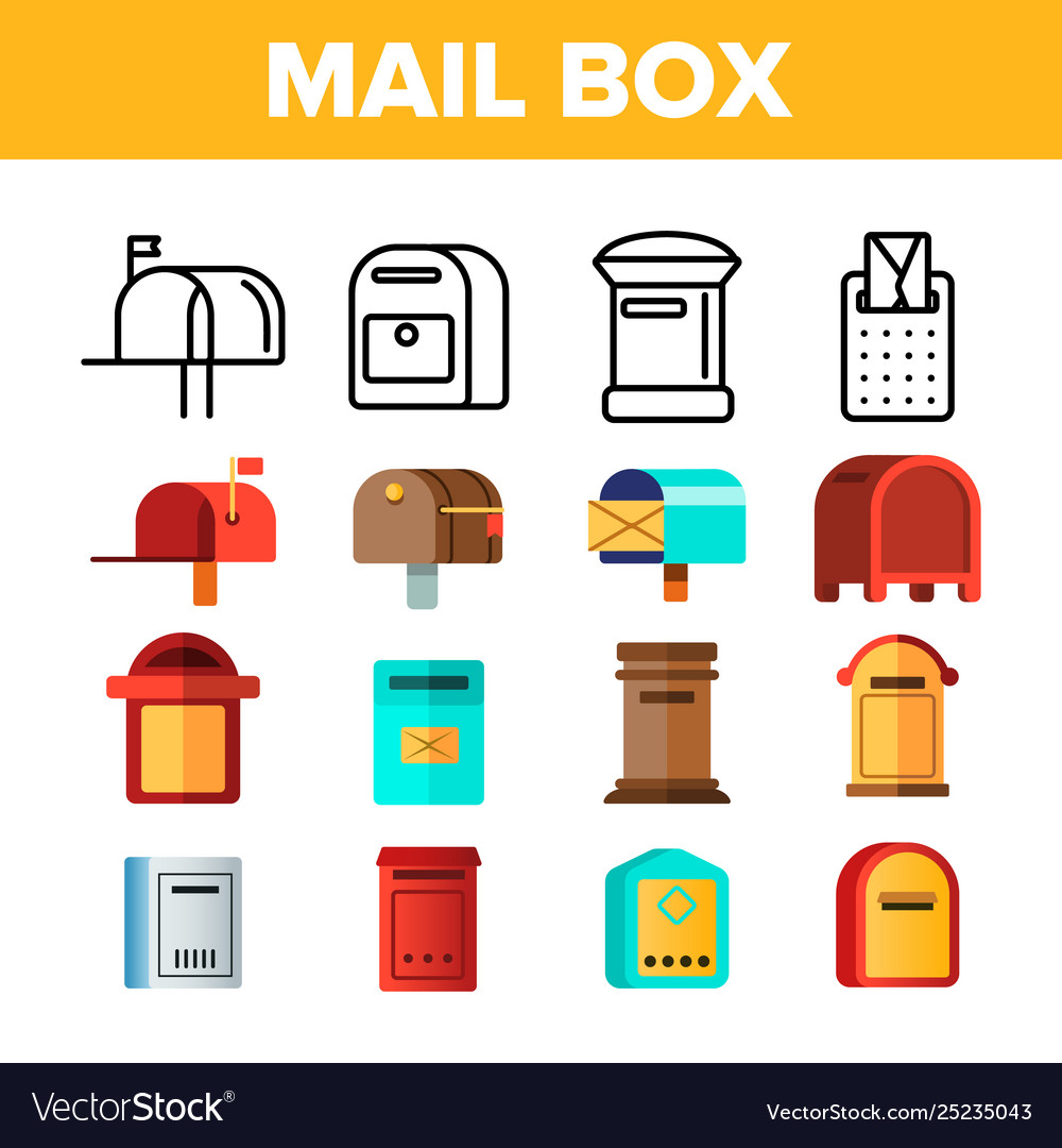 Mail box post linear and flat icons set vector image Mail box post linear and flat icons set
