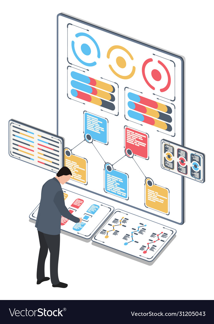 Man with statistical data infographic presented vector image Man with statistical data infographic presented