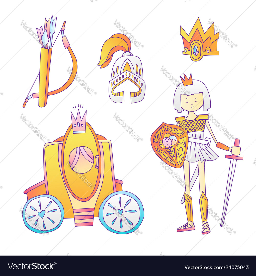 Medieval cute cartoon princess icon set