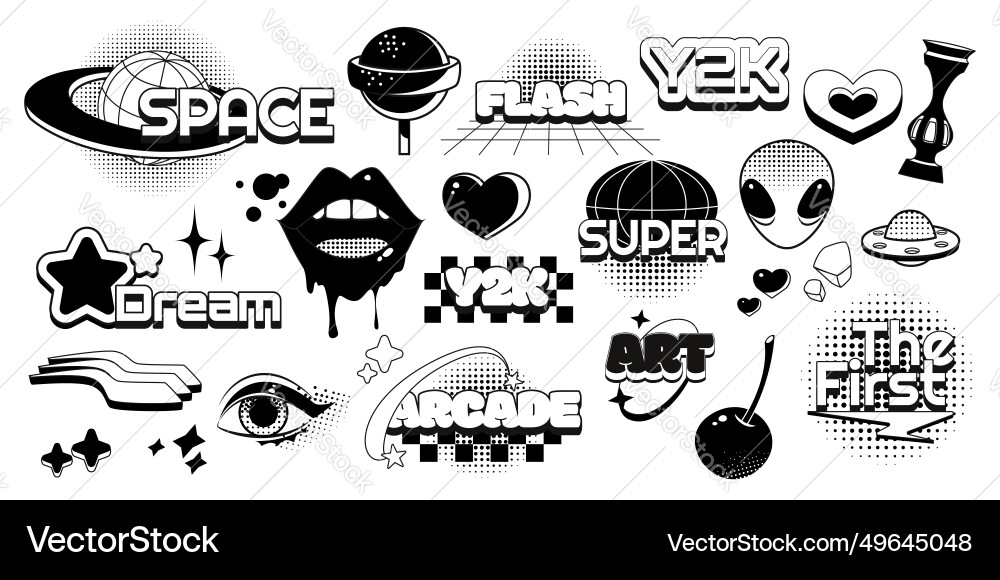 Black and white y2k stickers set Royalty Free Vector Image