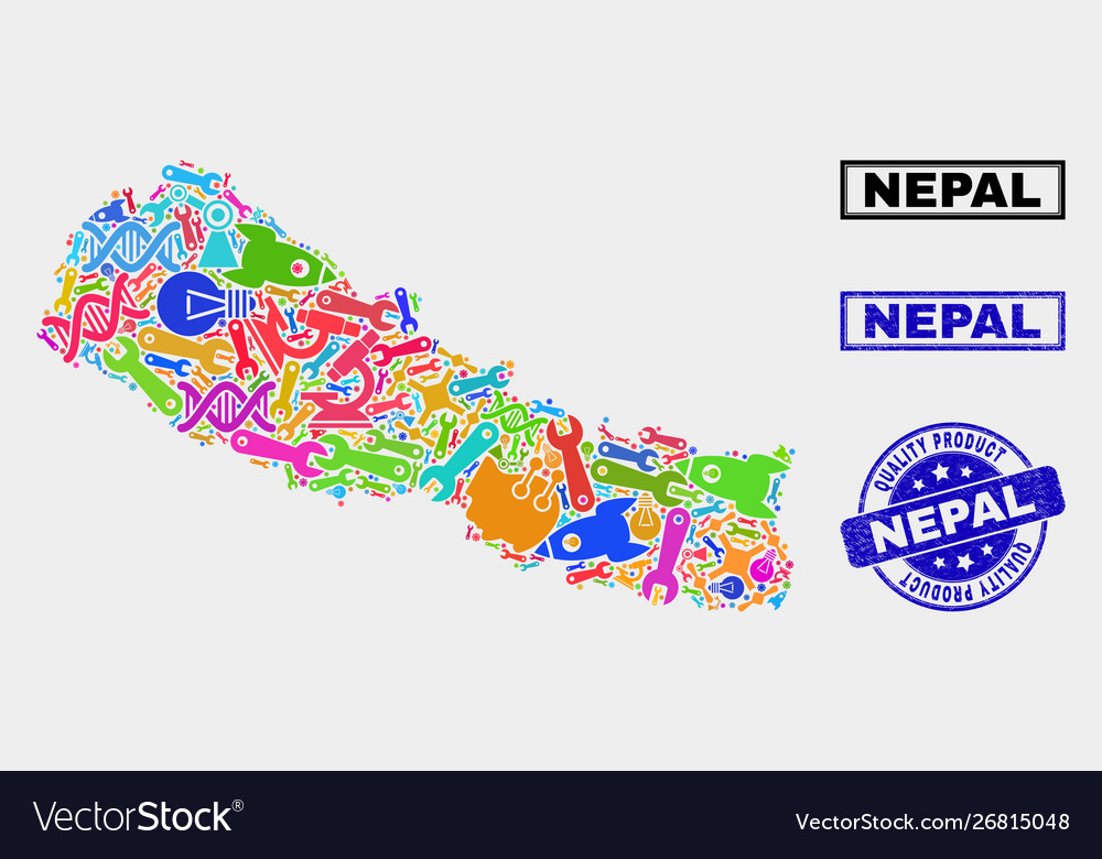 Collage Werkzeuge nepal Karte und Qualitätsprodukt