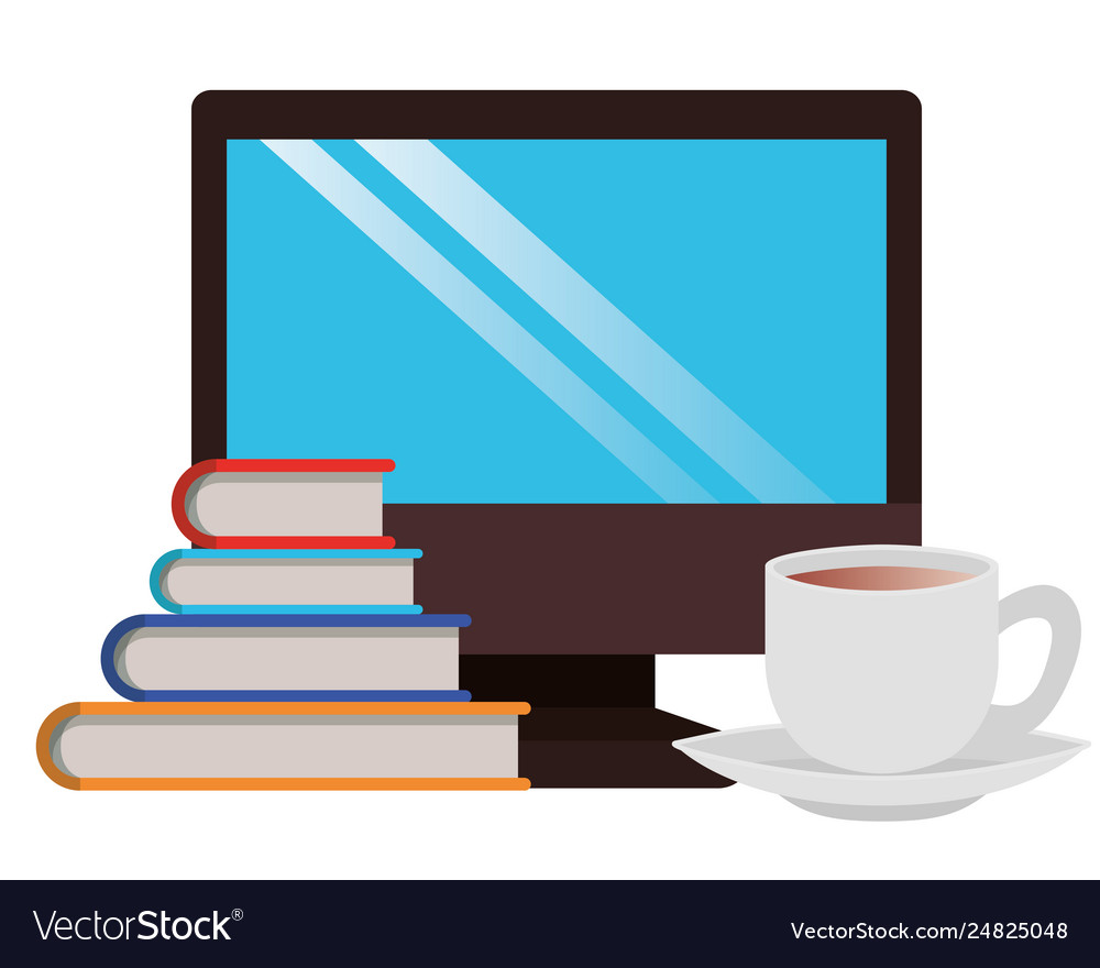 Desktop computer with books and cup coffee icon