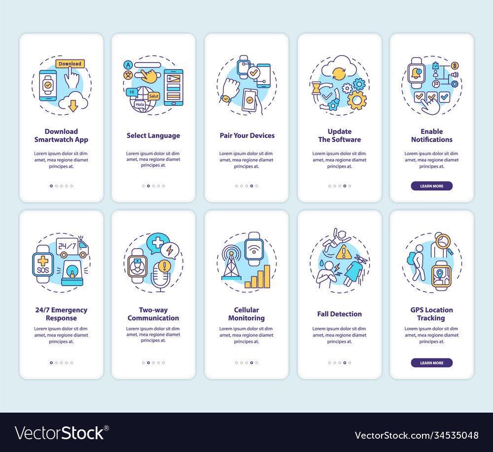 Smart watch install hints onboarding mobile app vector image Smart watch install hints onboarding mobile app