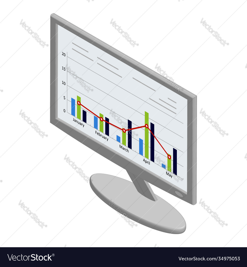 Isometric monitor with graphs and charts isolated vector image Isometric monitor with graphs and charts isolated
