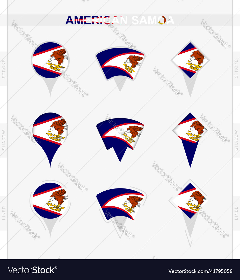 American samoa flag set of location pin icons