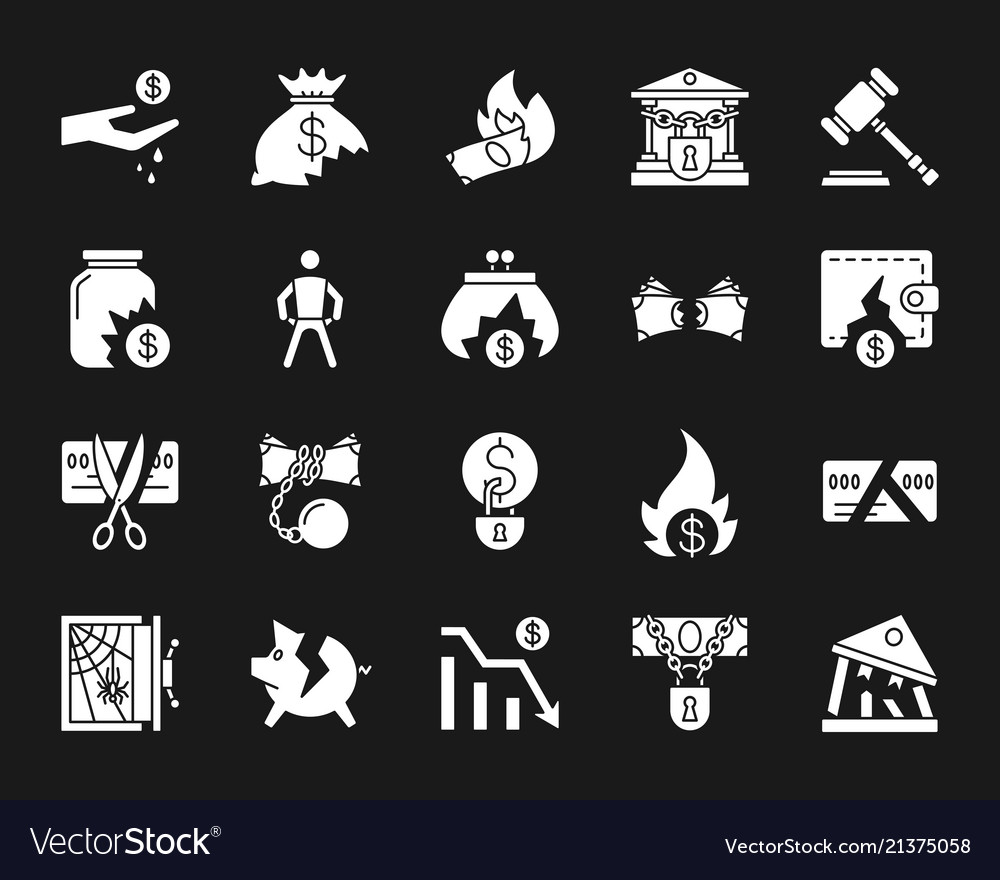 Bankruptcy white silhouette icons set