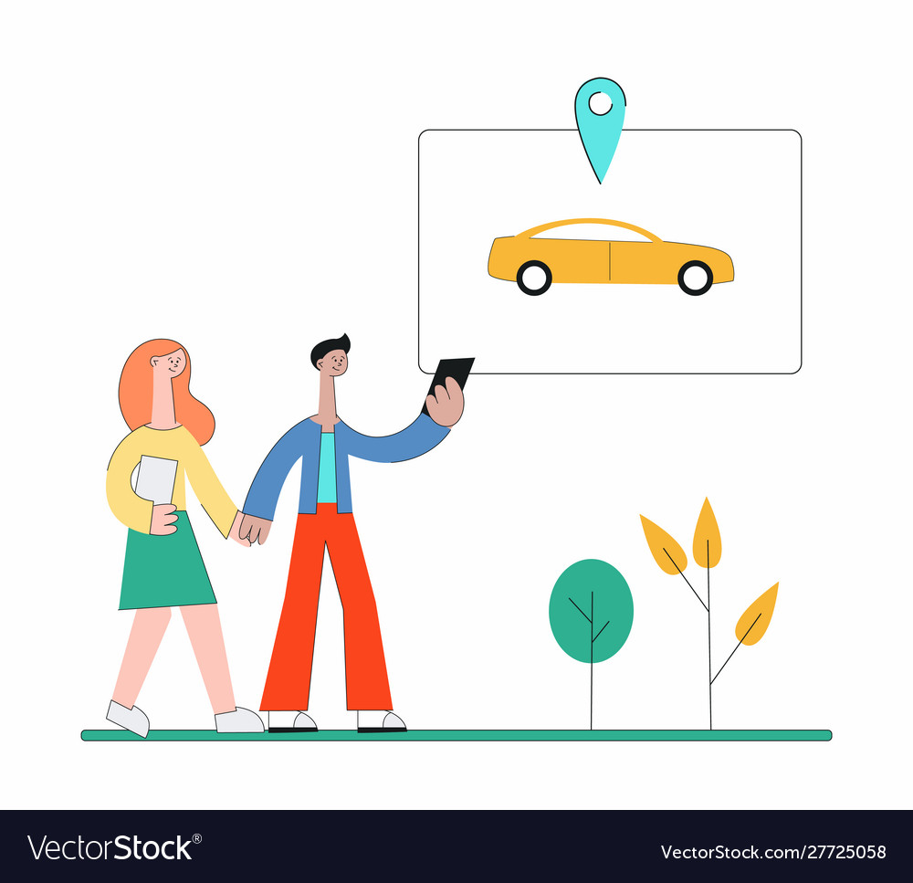 Cartoon people using carsharing app and walking