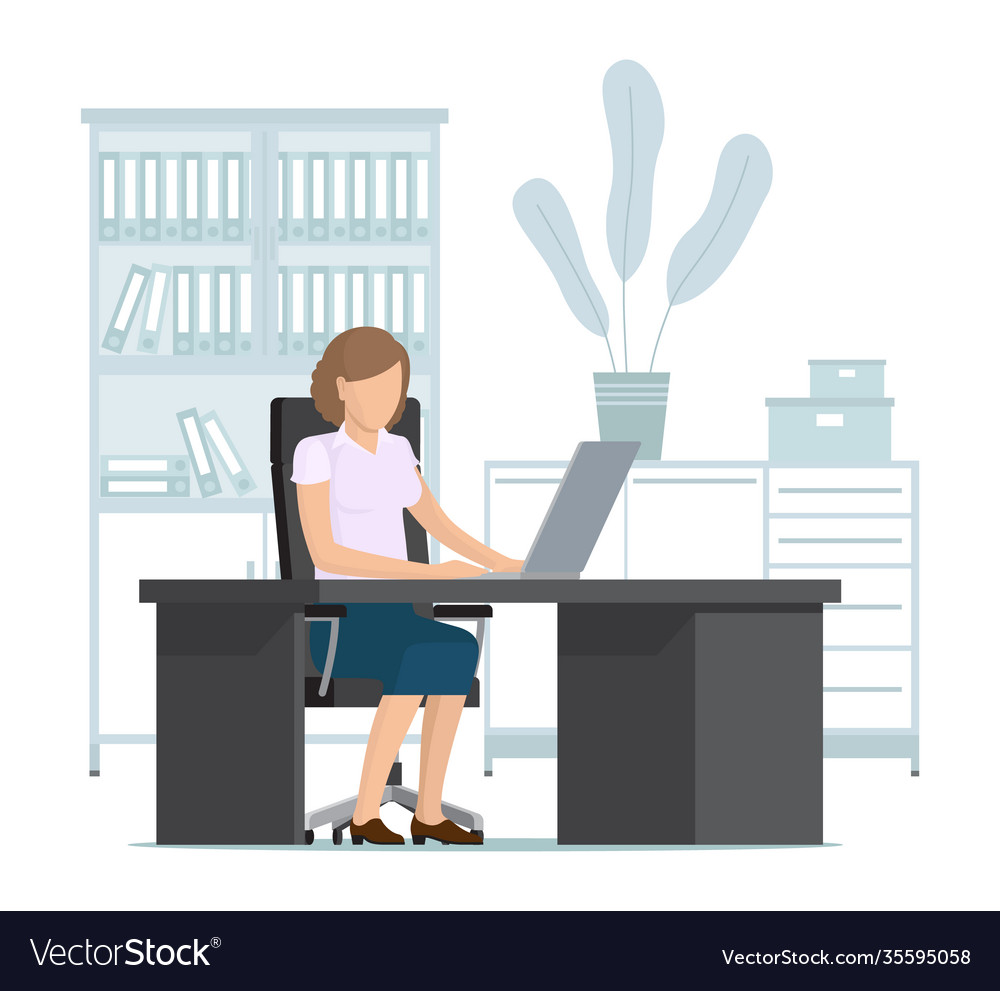 Female character at a desk with laptop business