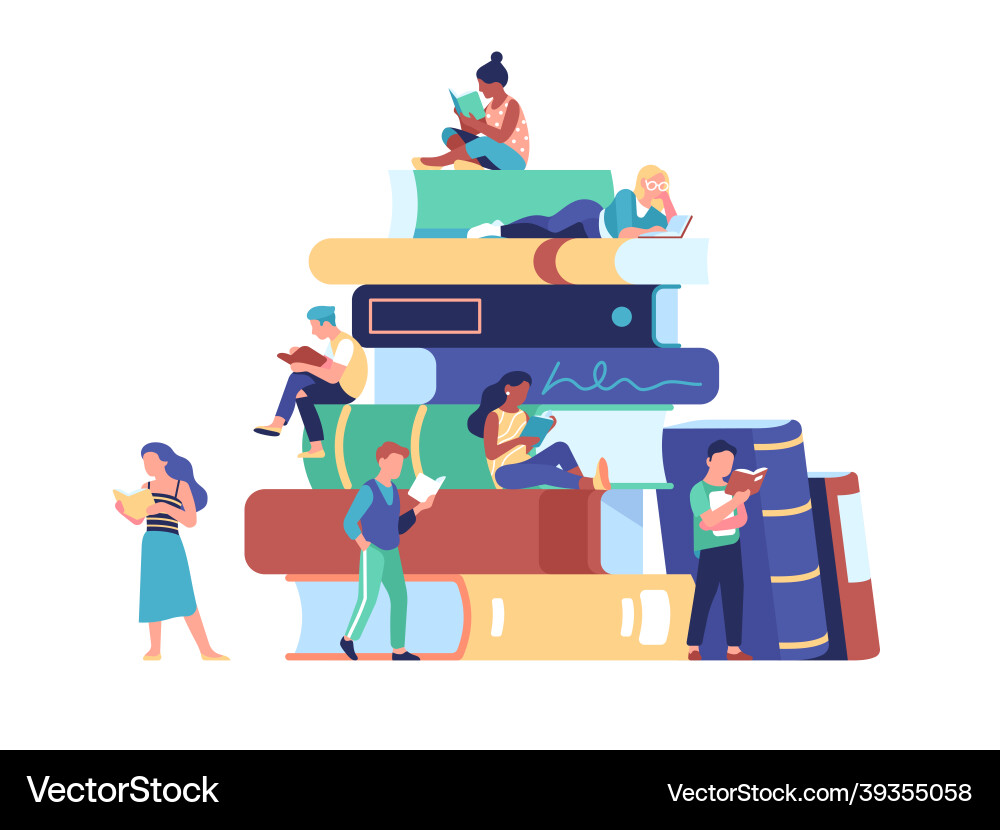 Tiny People Read Books Large Stack Of Literature Vector Image tiny-people-read-books-large-stack-of-literature-vector-image