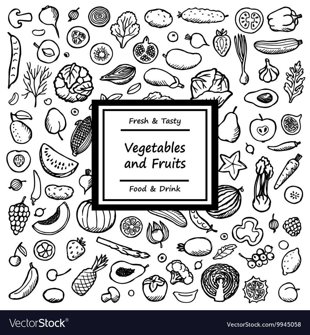 Vegetables and fruits doodle card Royalty Free Vector Image